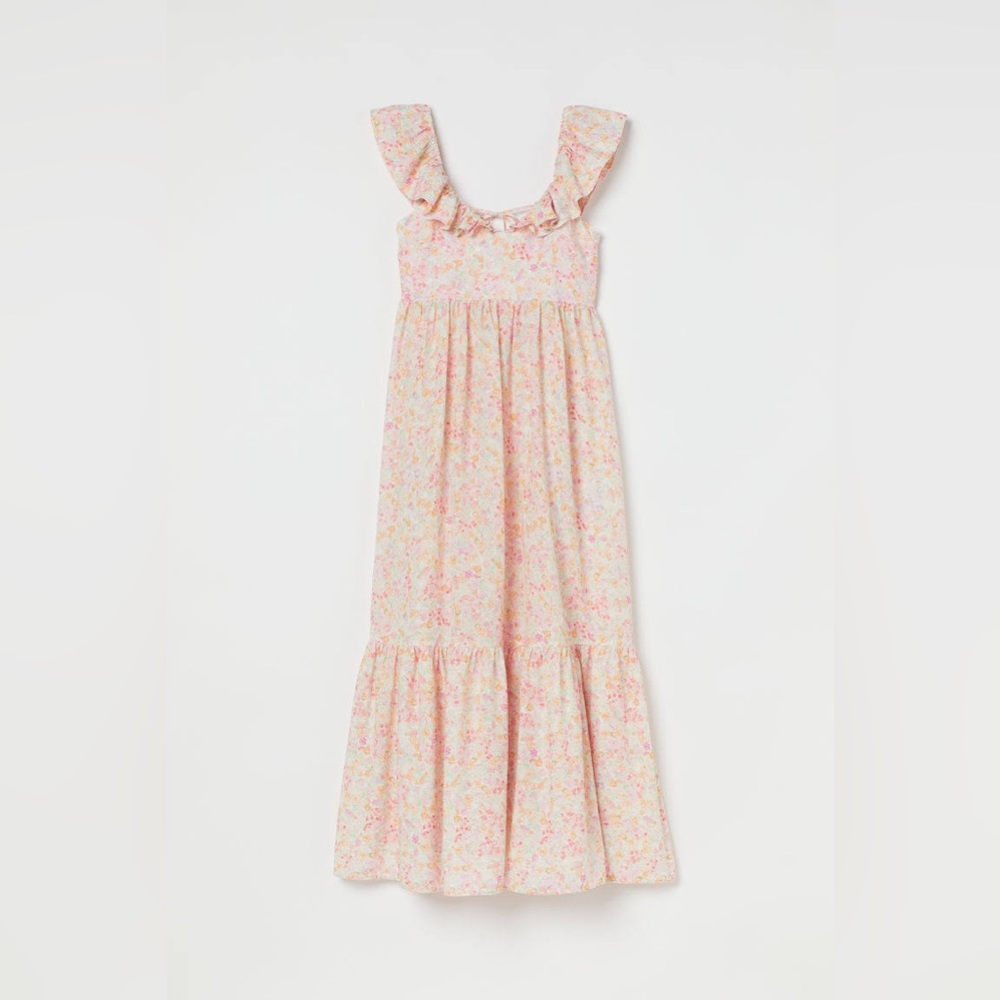 H&M White Pink Floral Flounced Open Back Ruffle Maxi Dress